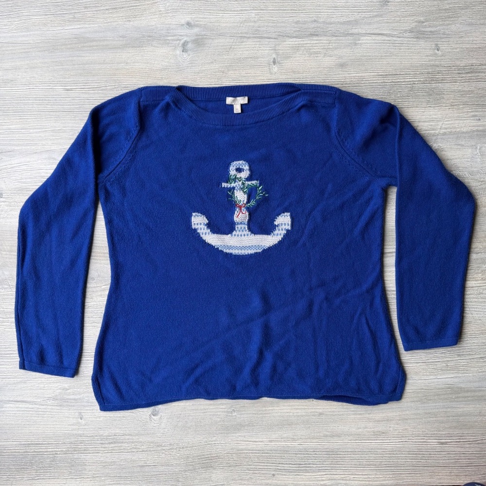 Talbots Royal Blue Anchor Wreath Sweater Womens MP Petite Nautical Holiday Knit